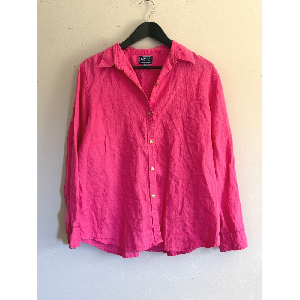 Chaps Hot Pink Linen Button Down Shirt XL Coastal Grandmother Barbiecore Preppy